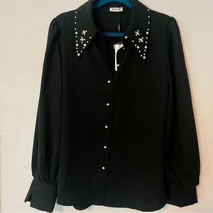 Black embellished button up, black blouse with faux pearl and rhinestone L
